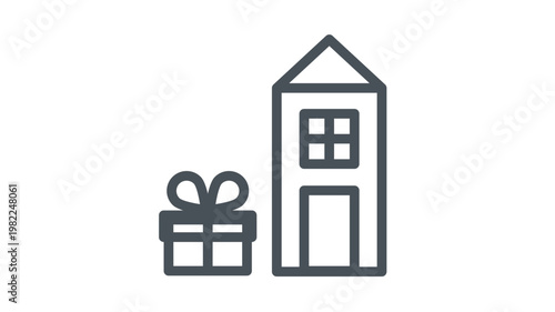 Minimalist black line vector icon illustration of a house next to a gift box with a bow, representing a housewarming gift, real estate purchase, property donation, or home holiday celebration.