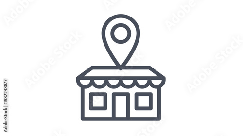 Minimalist black vector icon illustration of a retail store building with a location pin map marker on top, representing local business, shop location, and navigation for commerce and retail.