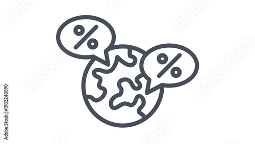 Global discount and worldwide sale vector icon illustration featuring a globe with percentage speech bubbles, representing international commerce, global economy, and market interest rates.