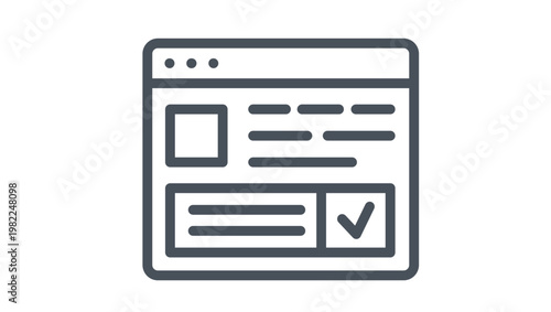 Minimalist black line art vector icon of a web browser window interface featuring a website layout with an image placeholder, text lines, and a checkmark button for success or verification.