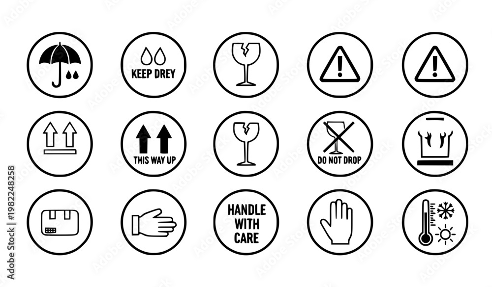 Fototapeta premium Packaging badge icons black and white vector set with handling instruction symbols