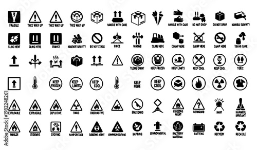Fotografía Professional packaging handling icons black and white vector set with shipping s