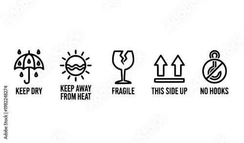 Packaging handling icons black and white vector set with keep dry fragile and safety symbols