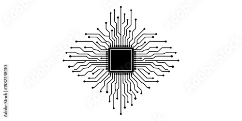 Minimalist microchip with radiating circuit board lines, monochrome vector illustration
