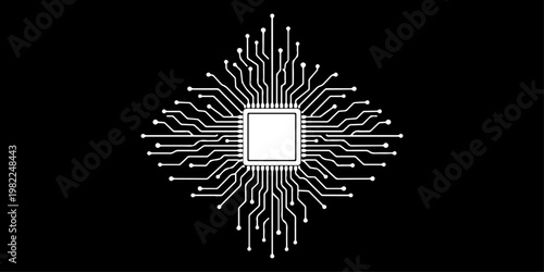 Minimalist microchip with radiating circuit board lines, monochrome vector illustration