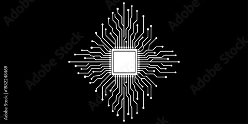 Minimalist microchip with radiating circuit board lines, monochrome vector illustration