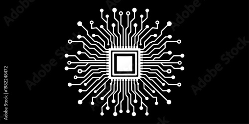 Minimalist microchip with radiating circuit board lines, monochrome vector illustration