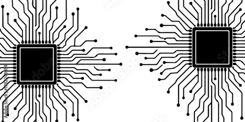 Minimalist microchip with radiating circuit board lines, monochrome vector illustration