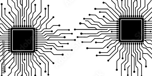 Minimalist microchip with radiating circuit board lines, monochrome vector illustration