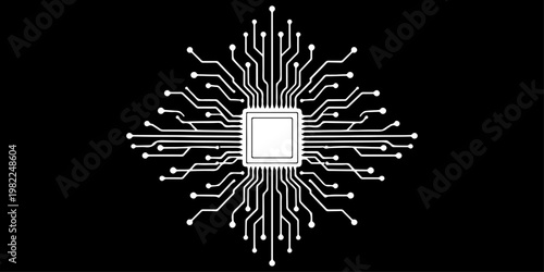 Minimalist microchip with radiating circuit board lines, monochrome vector illustration