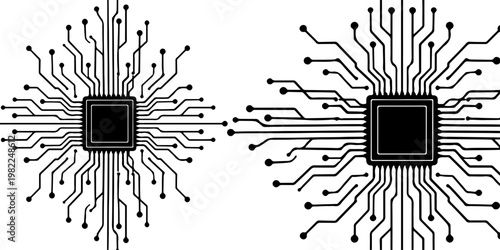 Minimalist microchip with radiating circuit board lines, monochrome vector illustration