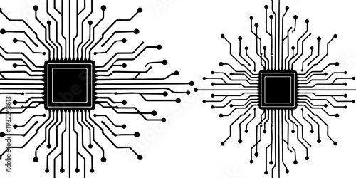 Minimalist microchip with radiating circuit board lines, monochrome vector illustration