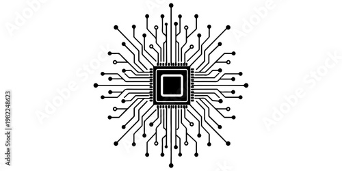 Minimalist microchip with radiating circuit board lines, monochrome vector illustration