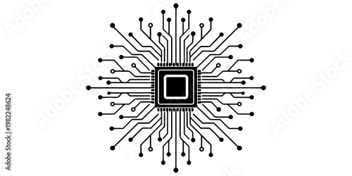Minimalist microchip with radiating circuit board lines, monochrome vector illustration