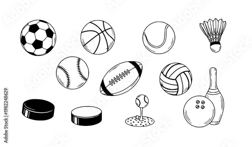 Creative sports ball sticker collection soccer basketball tennis golf black and white vector illustration set isolated on white background
