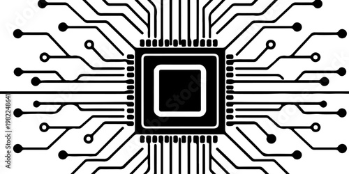 Minimalist microchip with radiating circuit board lines, monochrome vector illustration