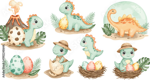 Funny cartoon vector illustration of a wild baby dinosaur with a chicken and eggs, a yellow Easter bunny, and a green snake in a blue nature zoo