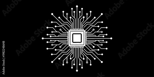 Minimalist microchip with radiating circuit board lines, monochrome vector illustration