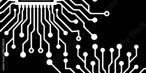 Minimalist microchip with radiating circuit board lines, monochrome vector illustration