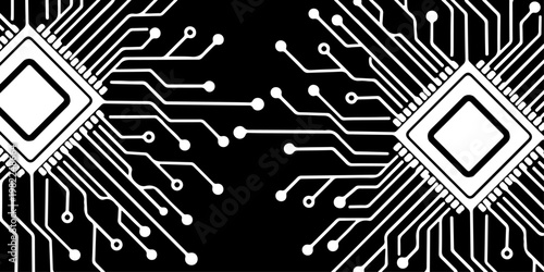 Minimalist microchip with radiating circuit board lines, monochrome vector illustration