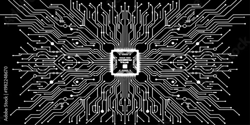 Minimalist microchip with radiating circuit board lines, monochrome vector illustration