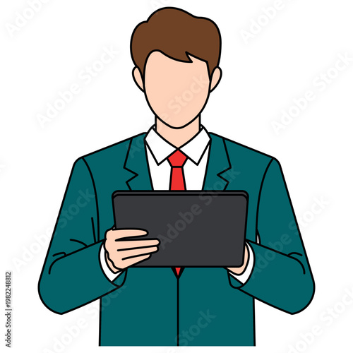 Faceless businessman holding digital tablet computer illustration wearing professional teal suit and red tie for offices