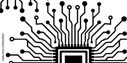 Minimalist microchip with radiating circuit board lines, monochrome vector illustration