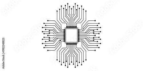 Minimalist microchip with radiating circuit board lines, monochrome vector illustration