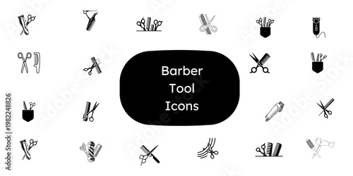 Barber Tool Icons – Minimalist Haircut Equipment Illustrations for Salon Branding, Stylist Menus, and Grooming Services