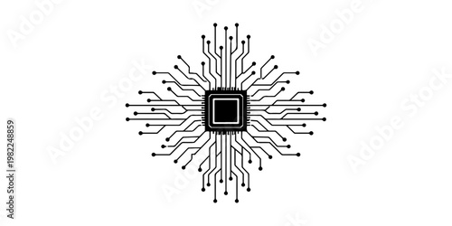 Minimalist microchip with radiating circuit board lines, monochrome vector illustration