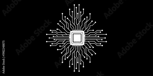 Minimalist microchip with radiating circuit board lines, monochrome vector illustration
