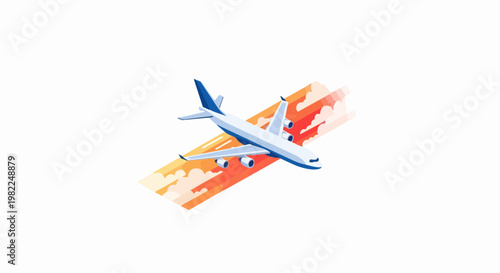 Isometric Airplane Icon Flying through Sunset Clouds; Modern Vector Illustration of a Commercial Passenger Jet for Travel, Aviation, and Logistics Concepts