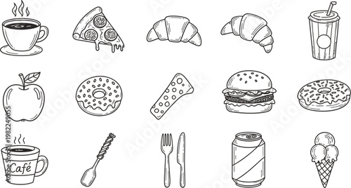 A charming black and white sketch collection of various breakfast snack and dessert food items and utensils