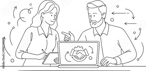Two professional business colleagues having a productive discussion at an office desk with a laptop representing mentorship teamwork and corporate partnership line art vector.