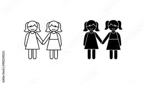 Girls holding hands icons outline and solid silhouette friendship concept vector isolated on white