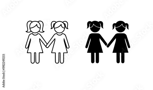 Minimal girls holding hands icon set outline and silhouette children friendship vector isolated on white background
