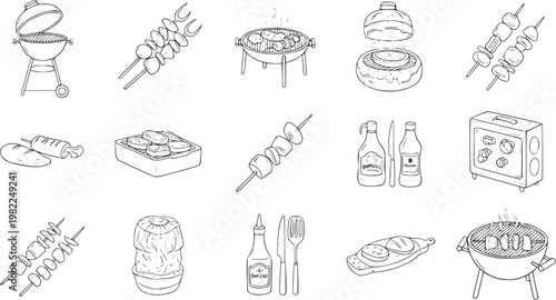 Collection of hand drawn barbecue and grilling food and equipment cooking skewer