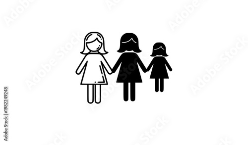 Two girls holding hands icon set outline and silhouette friendship vector isolated on white background