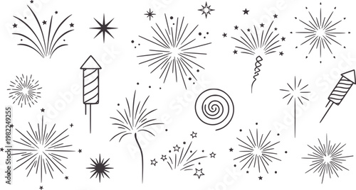 Collection of hand drawn firework bursts and rockets in dark grey explosion star