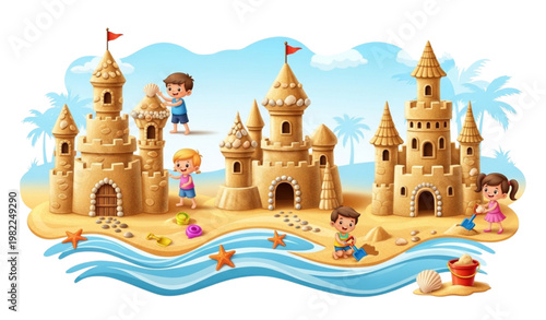 3D sand castle vector set summer beach kids vacation illustration