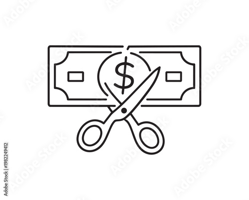 Money cutting scissors icon line art, cost reduction savings budget finance minimal illustration