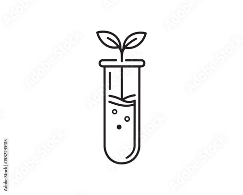 Plant in test tube line art icon, eco biotechnology growth lab experiment minimal illustration