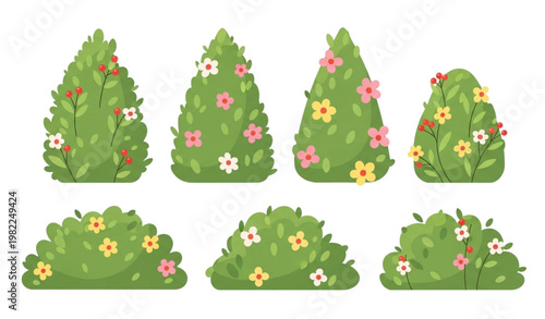 Spring bush vector set cartoon green hedge plants floral icons