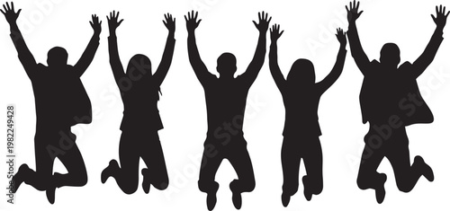 Diverse group of people jumping with hands raised in celebration against a white background