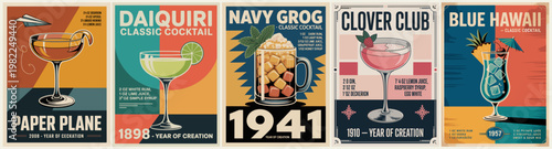 Vintage cocktail posters in bold, retro design. Each drink has a unique name and year. Bright colors pop against textured backgrounds. Perfect for bars, clubs, or retro-themed events