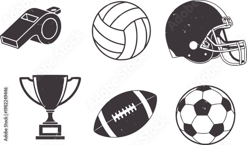 Dark gray sports equipment including whistle ball helmet trophy and soccer ball volleyball