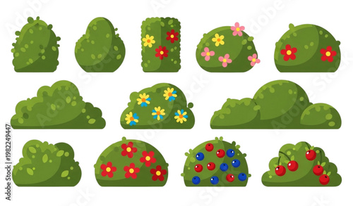 Cartoon garden bushes vector green hedge plants spring summer icons