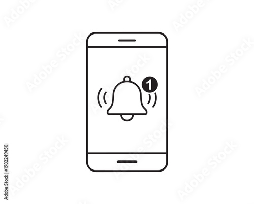 Smartphone notification bell icon line art, mobile alert message reminder minimal illustration