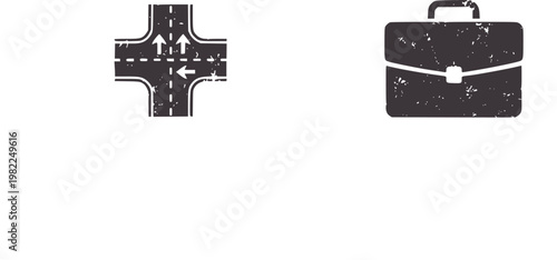 Gray intersection with traffic arrows and distressed briefcase road