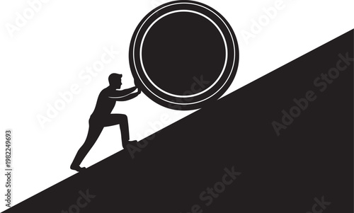 Silhouette man pushing large coin up steep black hill during daylight